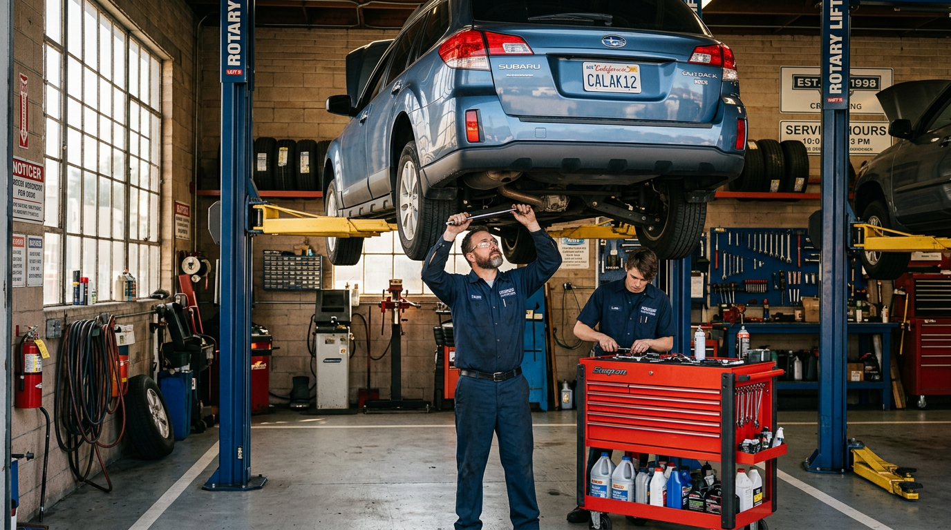 Mechanic inspecting vehicle in service shop
